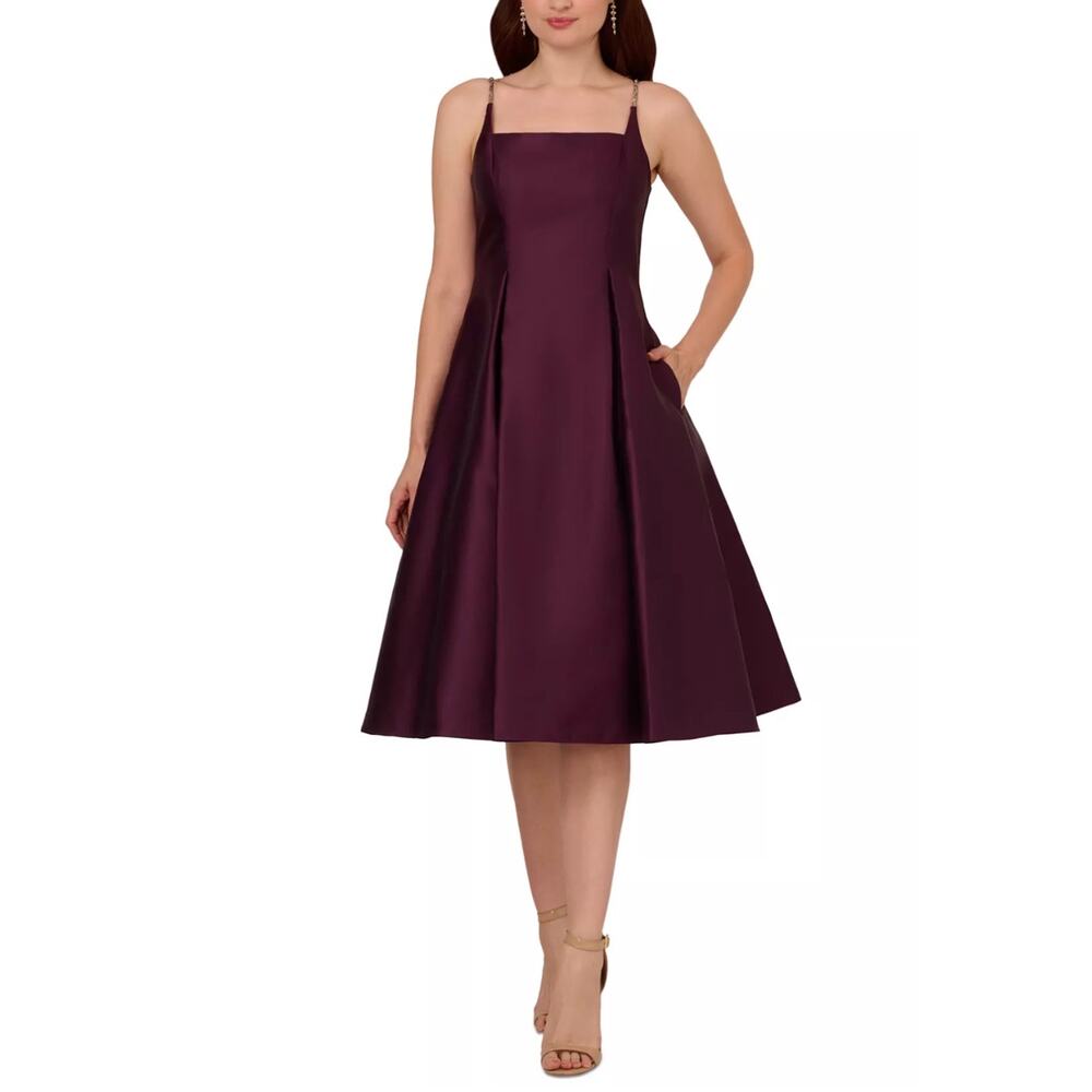 Adrianna Papell Mikado Silk Fit and Flare Midi Cocktail Dress Purple Size 16